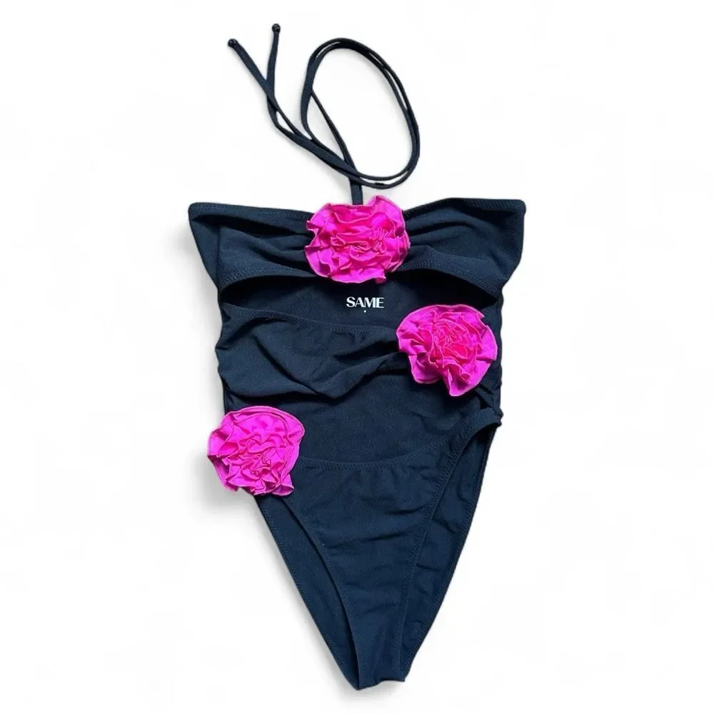 SAME Rose Cut Out One Piece Swimsuit Black Pink Rosette Floral Halter Size S